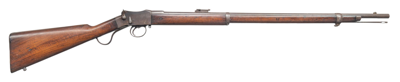 MARTINI HENRY STYLE TRAINING RIFLE.: Cal. 297/230. S# 06739. Bbl. 27 3/4". Blade front sight with added white bead. Ladder rear sight graduated to 500yds. Bbl marked "H.G.MIOLEE & CO PRETORIA". Bbl. shank also has what appears to be two