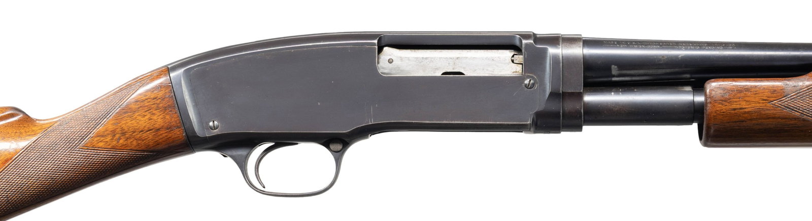 WINCHESTER MODEL 42 SKEET GRADE PUMP SHOTGUN.: Cal. 410. 3". S# 6047. Bbl. 26" plain with skeet choke. Beavertail forearm and straight grip walnut stock have standard skeet checkering. Mfg. 1935. CONDITION: 70% lightly worn blue showing carry and