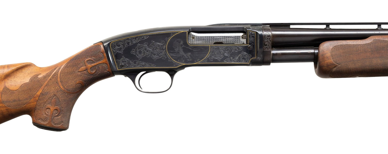 CUSTOM ENGRAVED WINCHESTER MODEL 42 PUMP SHOTGUN. (1 of 4)