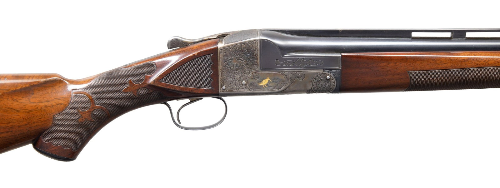 RARE ITHACA "KNICK" MODEL NID HEAVY BARREL CONTOUR: SINGLE TRAP. Cal. 12 ga. 2 3/4" S#. 402569. bbl. 32" vent rib with white front and mid beads. Ithaca Flues and NID single trap shotguns were available with light, medium, and heavy contour bbls. This