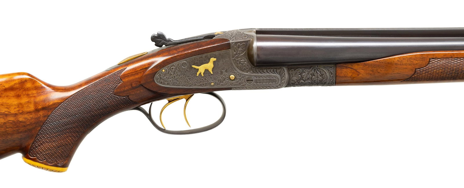 CUSTOM ENGRAVED LC SMITH SIDE BY SIDE SHOTGUN.: Cal. 20ga, lengthened to 2 3/4" with lengthen forcing cones. S# FWS 11194. Bbls shortened to 26" of Armor steel. White front and mid beads. This highly engraved featherweight sidelock gun was original