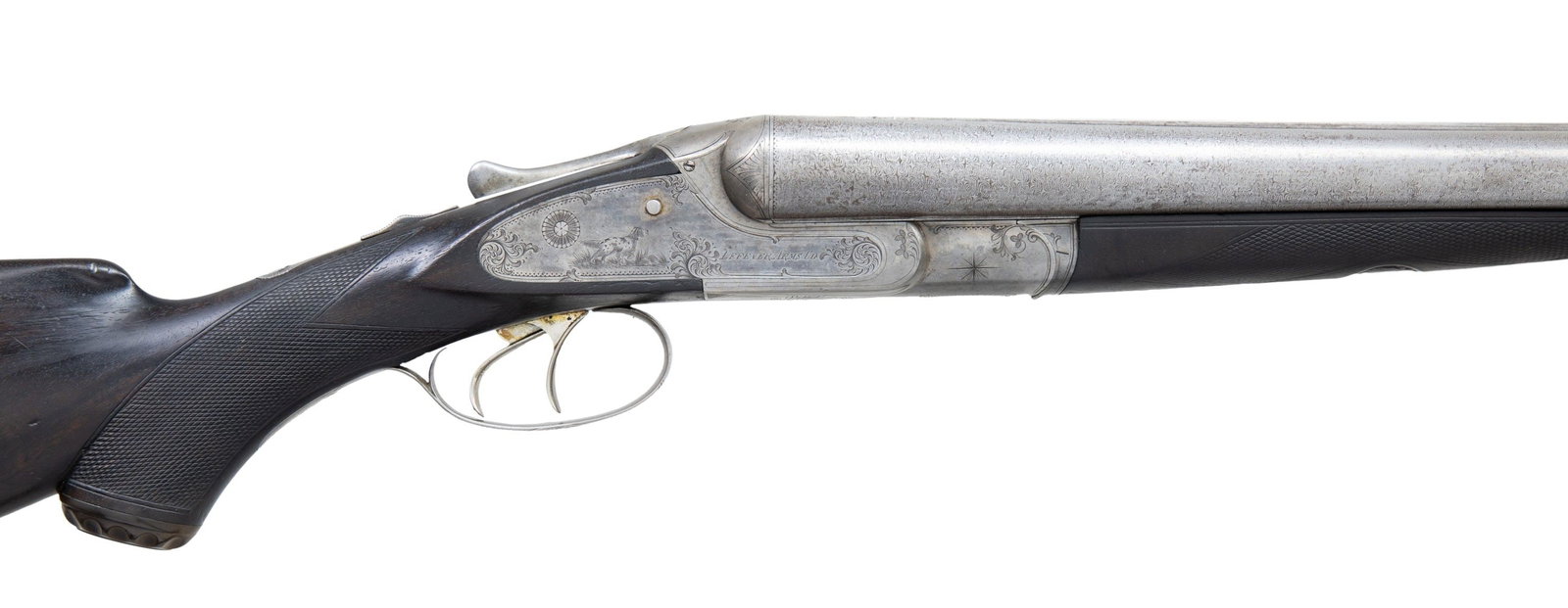 INTERESTING E GRADE LEFEVER LIVE PIGEON OR TRAP: GUN WITH ORIGINAL MONTE CARLO STOCK. Cal. 12 Ga. 2-5/8". S# 26321 (1898). The 30" fine Damascus barrels with slightly raised flat matted rib are stamped with tube #'s "26317" & "26321" on bottoms of b
