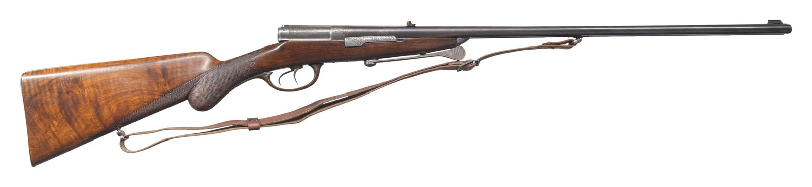 RARE DREYSE SIDE SWING DOUBLE RIFLE.: Cal. 11.5x60R (43 Mauser). S# 34230. The 25-3/4" barrels are fitted with full length matted rib holding one standing, one folding leaf rear and silver bead front sights. Rear of rib is gold inlaid "F.