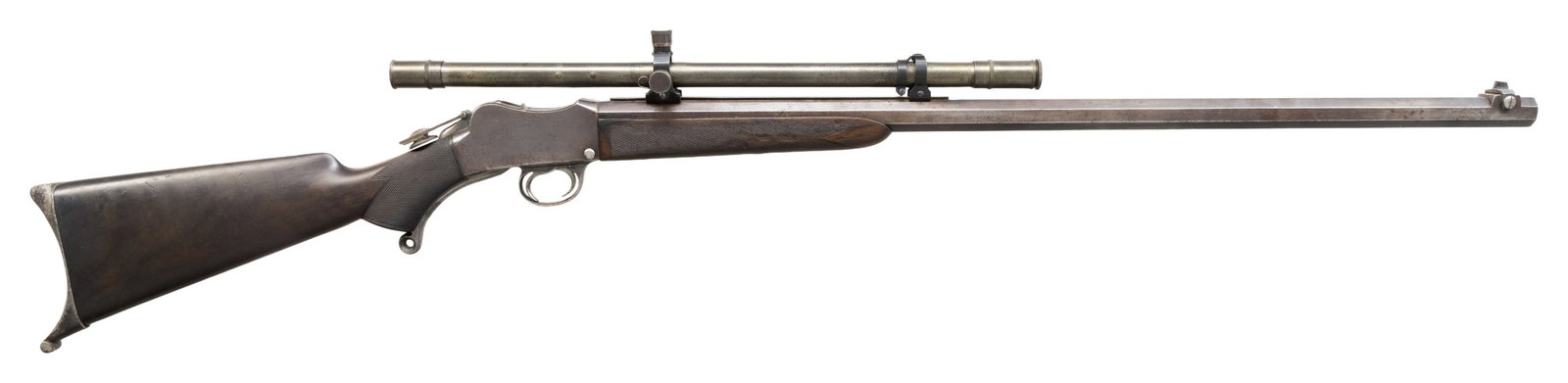 FRANCOTTE MARTINI SWISS SHOOTING SOCIETY SINGLE: SHOT RIFLE. Cal. 22 S. S# 10277. Bbl 27 7/8" oct. Ramp mounted blade front sight with folding tang sight. 8x tube scope with crosshair reticle and external mounts on an added rail mount. Martini actio