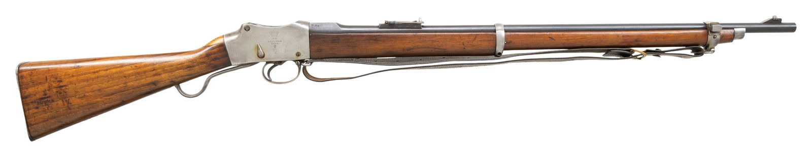 CG BONEHILL CONVERTED MKIV MARTINI HENRY RIFLE.: Cal. 22 LR. S# 15938. Bbl. 30". Blade front sight. Ladder rear sight graduated to 1300yds. British MKIV Martini Henry rifle converted to 22 LR by CG Bonehill for the Society of Miniature Rifle Clubs.