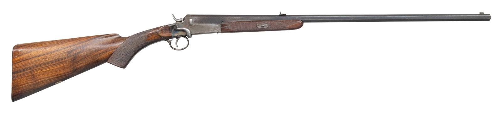 BELGIAN MARIETTE GUILLAUME SIDE-LEVER ROOK RIFLE.: Cal. 300 Long Shot. S# 5530. Oct. 26" bbl. having Belgian post 1893 proofs. Top of barrel has matted surface with blade front sight & 2 leaf rear sight. Case hardened side-lever opening action. Checke