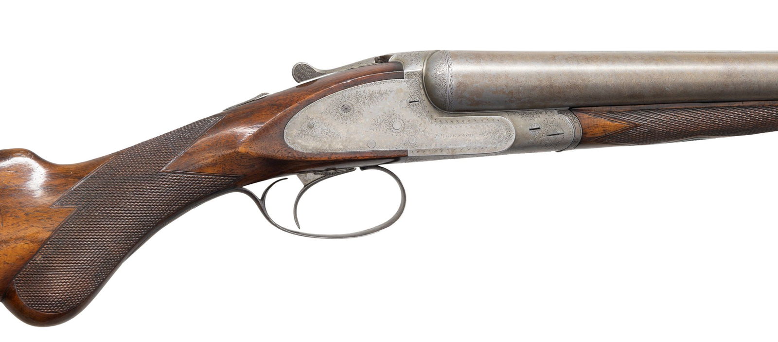 LATE STYLE DAVID KIRKWOOD LIGHTWEIGHT SINGLE: TRIGGER GAME GUN. Cal. 12 Ga. 2-5/8". S# 1380. The 26" three stripe damascus barrels are engraved "D. Kirkwood Boston" on narrow game rib. Bottoms of barrels are stamped with British provisional proof