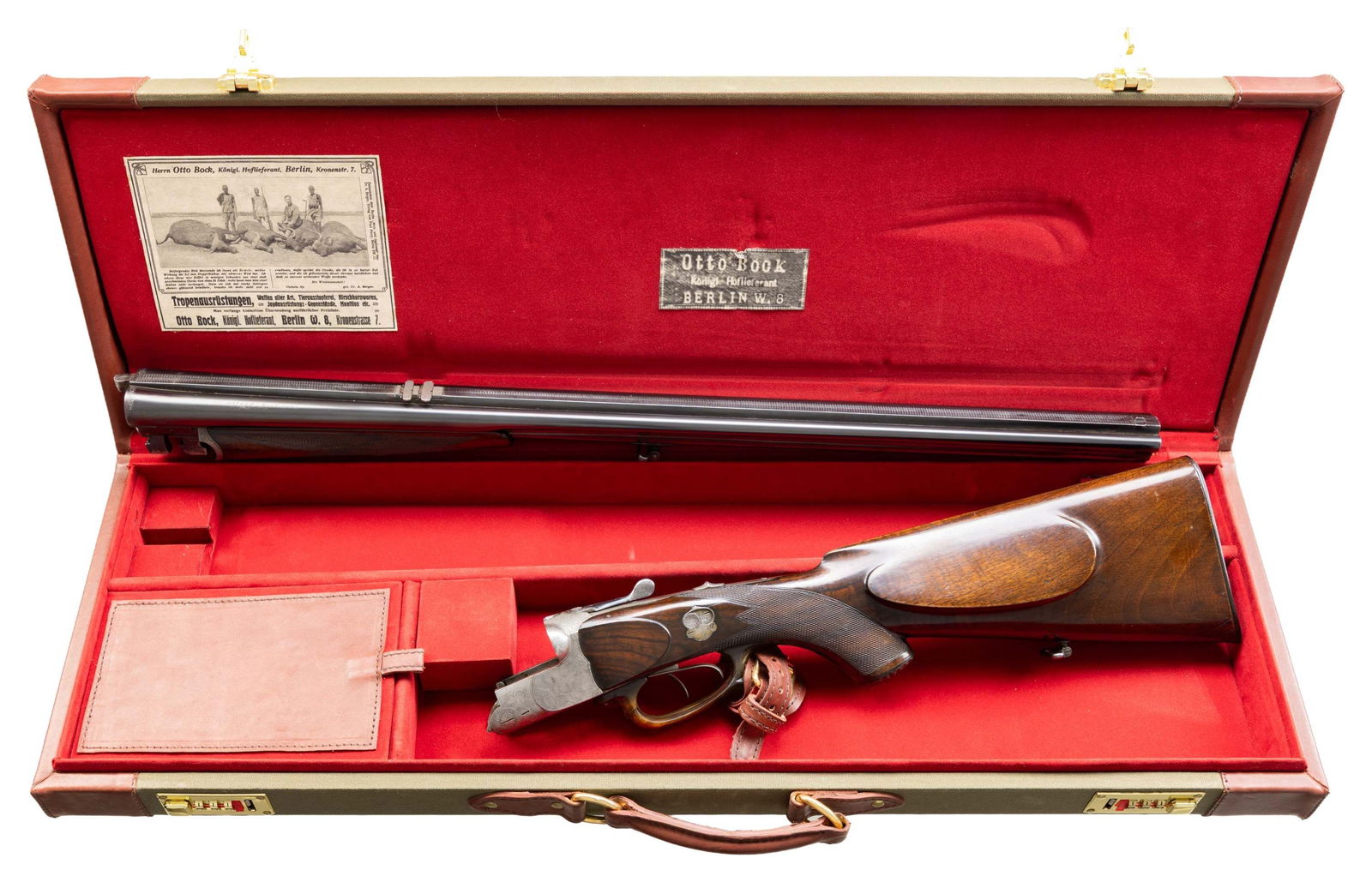 SCARCE 3 CALIBER DOUBLE RIFLE DRILLING BY OTTO: BOCK WITH CASE AND WINTER 2015 DOUBLE GUN JOURNAL. Cal. 16 Ga. 2-9/16" (rifled choke)/8x58R (360 base)/30-30 Win. S# 10377. The 26-3/4" barrel set with full length matted rib is fitted with two foldin