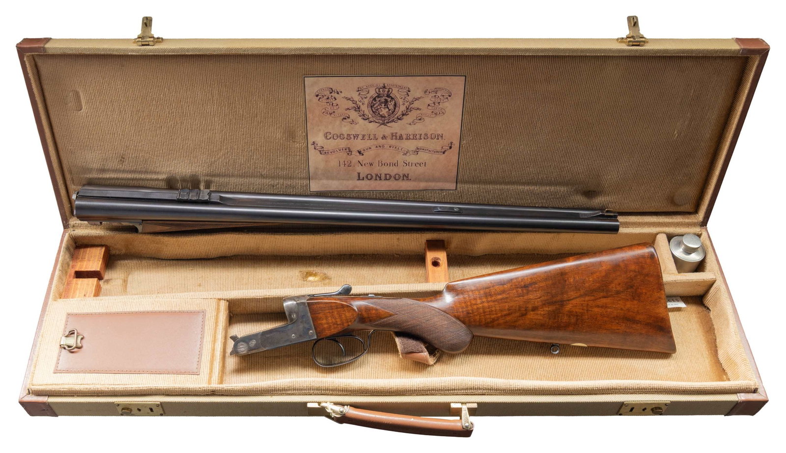 RARE SXS CAPE RIFLE/SHOTGUN BY COGSWELL & HARRISON: BOXLOCK EJECTOR; NICELY REFURBISHED WITH CASE. Cal. 16 Ga. 2-3/4". /.375 2-1/2" Nitro Express. S# 48183. The 25-1/4" shoelump barrels are fitted with quarter rib holding three folding leaf express rea
