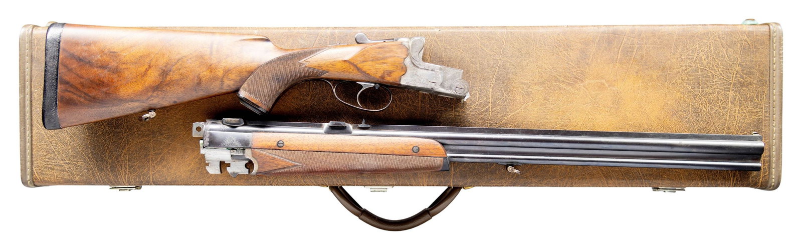 H. ZEHNER 20 GA. O/U SHOTGUN WITH COMBO RIFLE/: SHOTGUN BARRELS, SCOPE & CASE. Cal. 20 Ga./20 Ga. - 20 Ga./7x57R. S# 43235. The 28-1/4" 20 Ga. O/U barrels are fitted with full length matted rib. The 25-5/8" rifle/shotgun barrels are fitted with mat