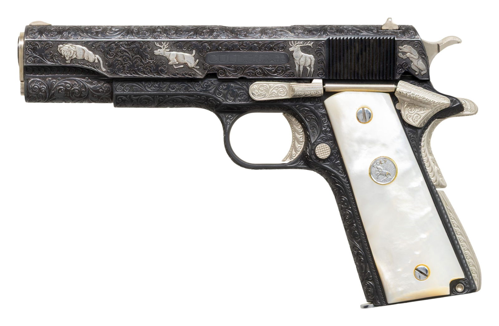 FULLY ENGRAVED 1953 COLT .38 SUPER SEMI-AUTO: PISTOL. Cal. 38 Super. S# 109209. Bbl. 5" with "COLT .38 SUPER AUTO"; in the white at ejection port area. Mfg. 1953 (1929-1973) as a pre-70 series commercial model. Fully engraved with two tone blued