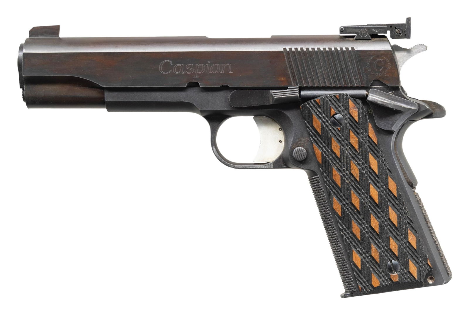 CASPIAN 1911 GOVERNMENT SEMI-AUTO TARGET PISTOL.: Cal. 45 ACP. S# 17991. Bbl. 5" stainless throated Kart NM with "NM" marked bushing. Blued finish with cast checkered front strap plus similarly checkered mainspring housing additionally having horizon