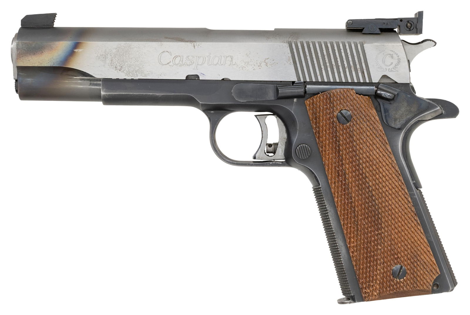 CASPIAN 1911 GOVERNMENT SEMI-AUTO TARGET PISTOL.: Cal. 45 ACP. S# 15548. Bbl. 5" stainless throated Kart NM with Kart match bushing. Cast checkered front strap plus similarly checkered mainspring housing. Serrated faced slide stop and magazine latch