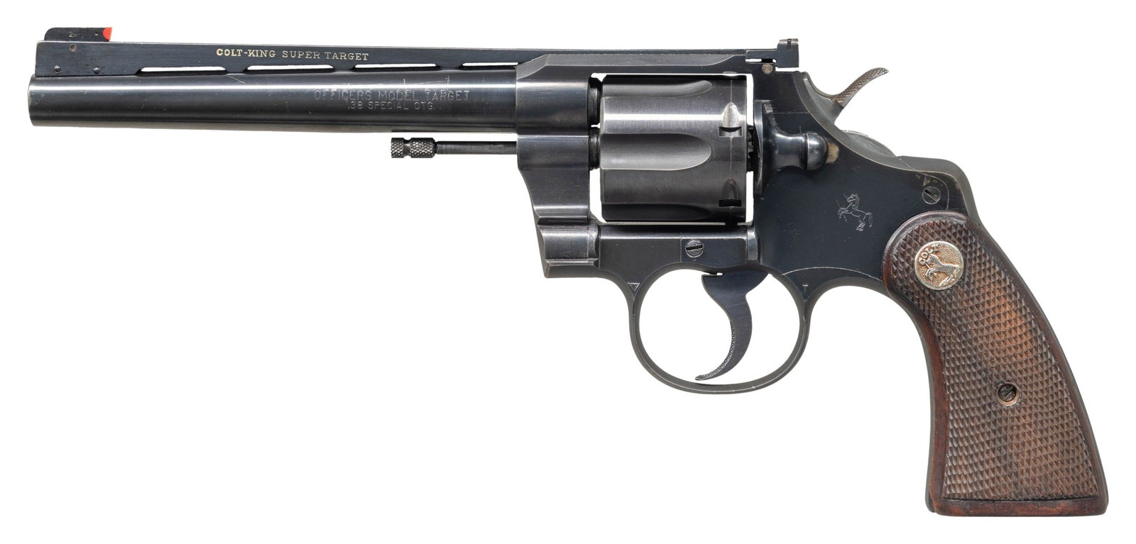 DESIRABLE COLT OFFICERS MODEL TARGET KING SUPER: TARGET DOUBLE ACTION REVOLVER. Cal. 38 Spl. S# 781020. Bbl. 6". Officers Model Target double action revolver mfg. by Colt in 1950. Left side of the tapered bbl. is marked with the model and cal. desig