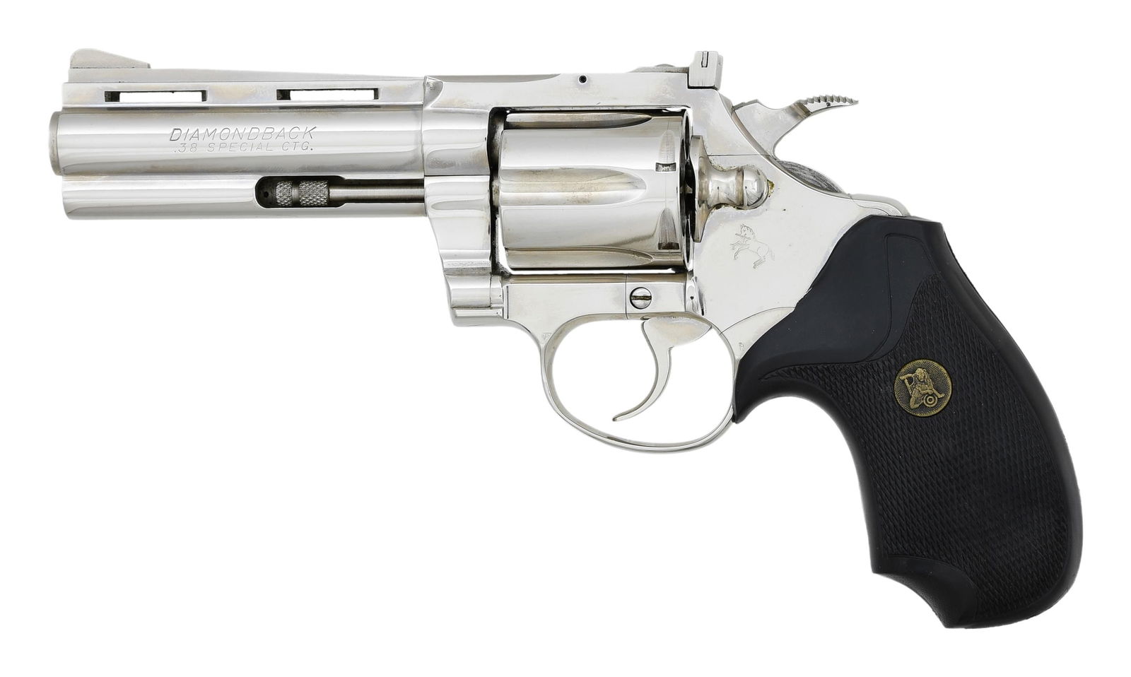 COLT DIAMONDBACK DA REVOLVER.: Cal. 38 Spl. S# D81793. Bbl. 4" with VR. Ramped serrated blade front sight. Adjustable square notch rear sight. 1976 made Diamondback revolver. Nickel finish. Pachmayr Presentation Compac grips.