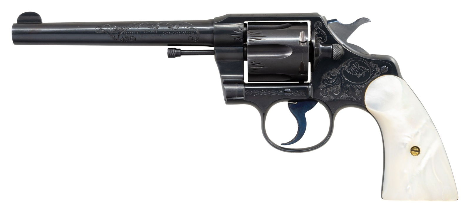 VERY RARE WILBUR GLAHN FACTORY ENGRAVED COLT ARMY: SPECIAL DA REVOLVER. Cal. 32-20. S# 321844. Bbl. 6" with blade front sight. Mfg. 1911. According to "THE BOOK OF COLT FIREARMS" by Sutherland and Wilson, it is estimated that out of the total