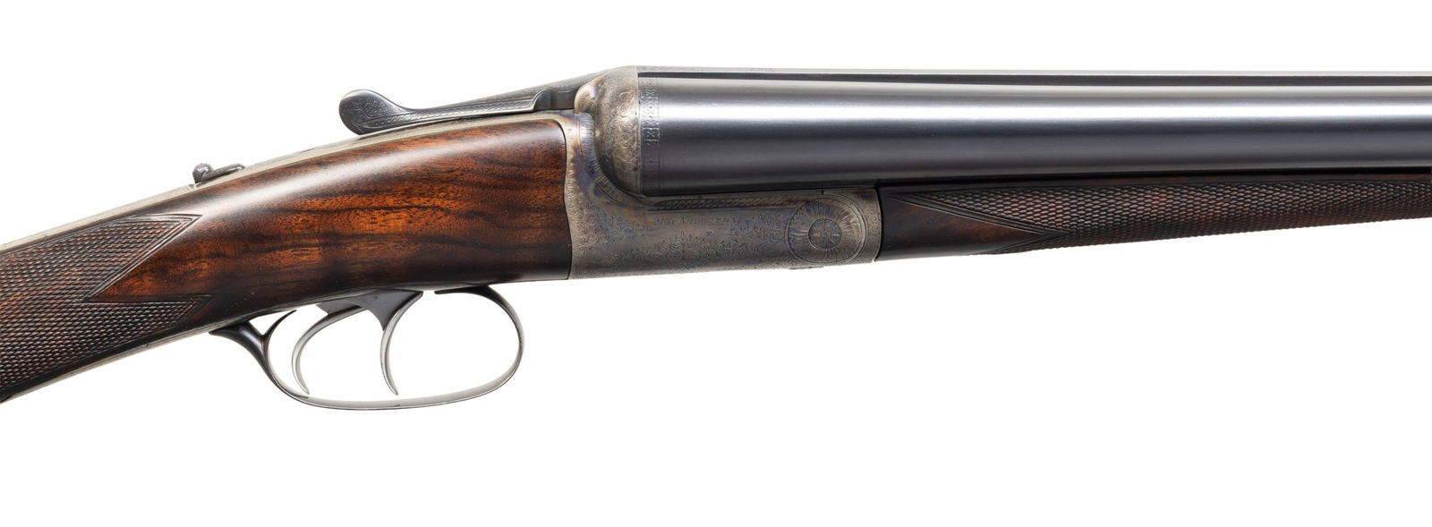 ATTRACTIVE JAMES MACNAUGHTON ROUND ACTION EJECTOR: GAME GUN. Cal. 12 Ga. 2-3/4". S# 2497 (1901). The 27-7/8" dovetailed barrels are engraved "James MacNaughton, 36 Hanover Street Edinburgh and Perth" on swamped game rib. Barrel flats are stamped with