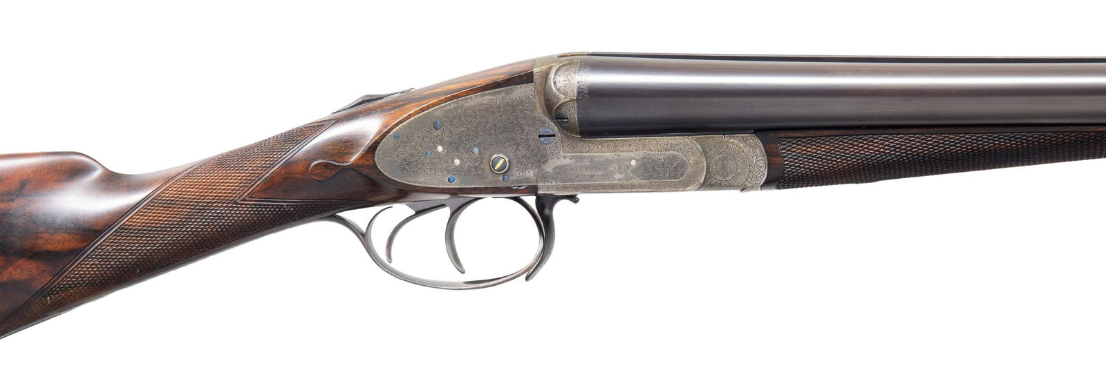 ELEGANT J. WOODWARD HAMMERLESS SLE GAME GUN: WITH THUMB HOLE LEVER. Cal. 12 Ga. 2-1/2". S# 4643 (1892). The 28" chopper lump barrels are engraved "James Woodward & Sons, 64 St. James's Street, London. S.W. Made of Sir Joseph Whitworth's Fluid Pr