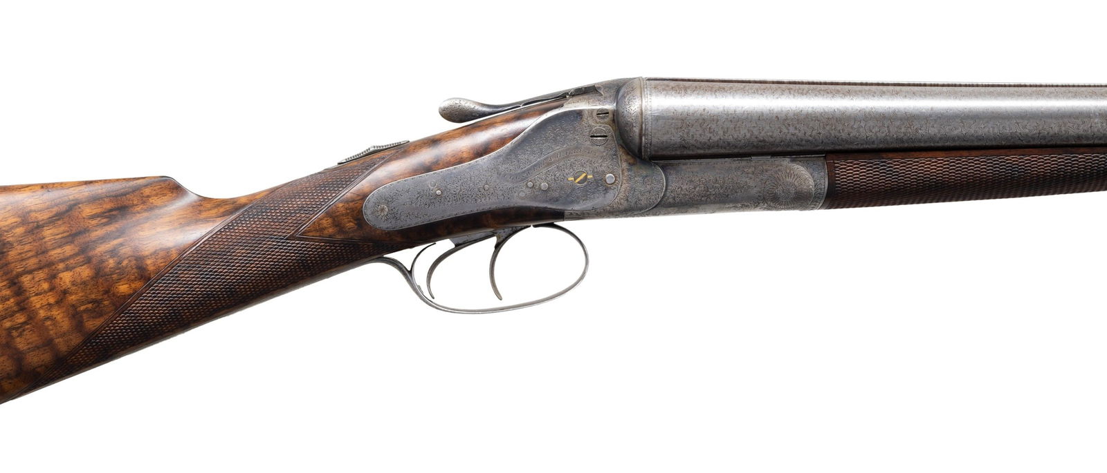 FINE EARLY COGSWELL & HARRISON SIDELOCK GAME GUN: WITH CASE. Cal. 12 Ga. 2-1/2". S# 10421. The 30" two stripe fine damascus barrels are engraved "Cogswell & Harrison 142 New Bond Street London" on narrow game rib. Barrel flats are stamped with London