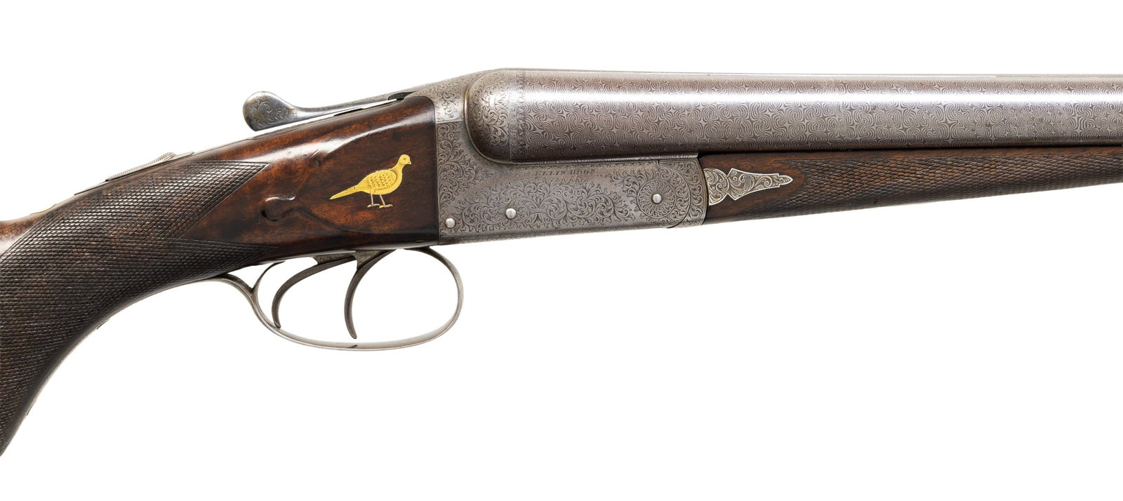 WICKED COOL PARALLEL BARREL BOXLOCK PIGEON GUN: BY ELLIS BROS. WITH EXTENSIVE DECORATIVE INLAY. Cal. 12 Ga. 2-5/8". S# 3027 (1905). The 30" two stripe damascus barrels are laid parallel and joined at breech and muzzle with metal blocks. Center is o