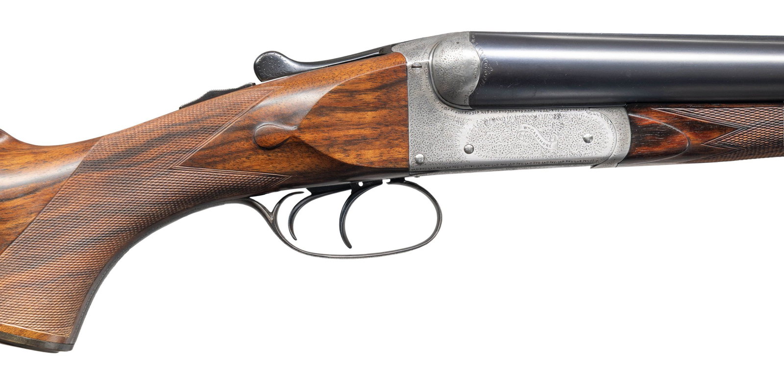 WILLIAM CASHMORE BOXLOCK WATERFOWLER MADE FOR: 3-1/4" CARTRIDGE WITH CASE & EXTRA STOCK. Cal. 12 Ga. 3-1/4". S# 9917. This was Berrien's favorite duck gun, it has 31-7/8" heavy chopper lump barrels with slightly raised flat matted rib. Tops of bar