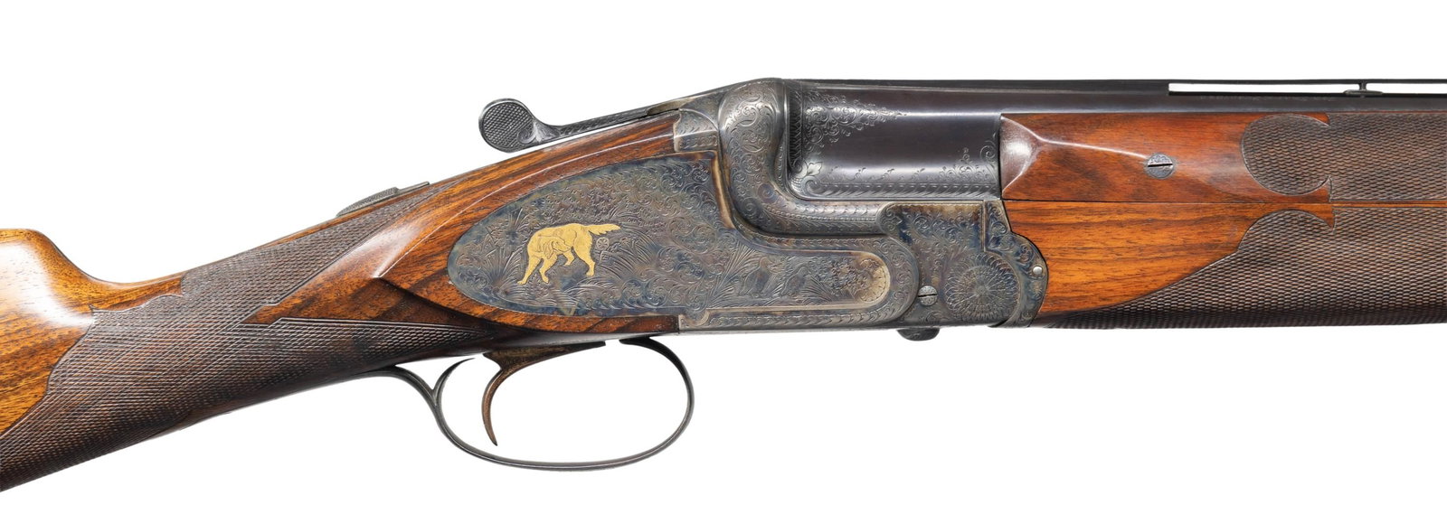 HIGH QUALITY 20 GA. BELGIAN O/U BOXLOCK EJECTOR: SINGLE TRIGGER GAME GUN. Cal. 20 Ga. 2-3/4". S# 48076. The 25-5/8" demi-bloc O/U barrels are fitted with narrow matted ventilated rib. Top barrel is engraved "For Frank Pugliese" "Trenton N.J." either