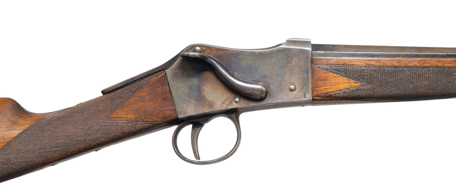 BELGIAN, 44 XL STANLEY ARMS CO. DUPLEX AUTOMATIC: ROOK SHOTGUN. Cal. 44 XL Shot. S# 1. Mfg. in Liege, Belgium by Dumoulin Freres & other makers around 1894 under the Stanley Arms Co. Trade name for USA sales. Half oct., half rnd. 24 1/8" barrel with