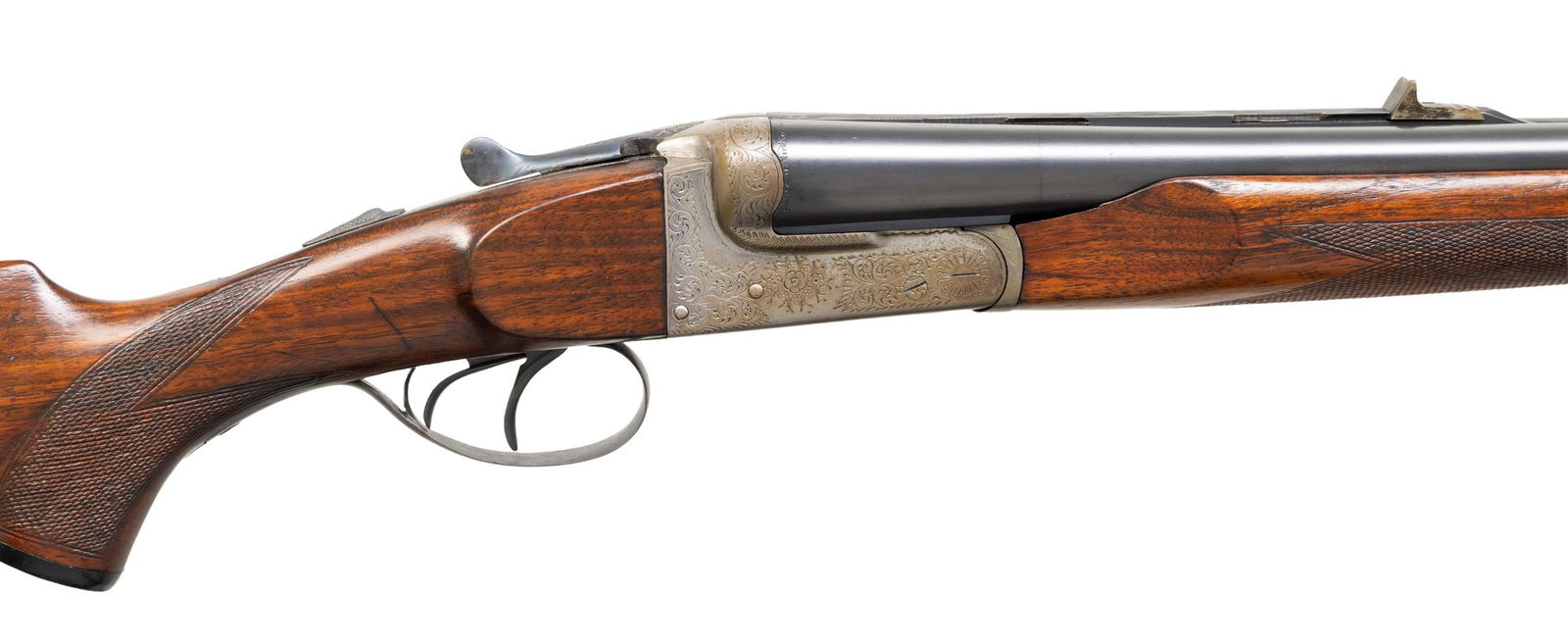BOB HYNDEN DOUBLE RIFLE SxS CONVERSION.: Cal. 20ga, 2 3/4" for 600 grain 20ga slugs. S# 56339. Bbls 24 1/4" on monobloc with rifled slug bbls having sunken rib with raised front and rear sight ramps. Blade front sight with fixed v-notch