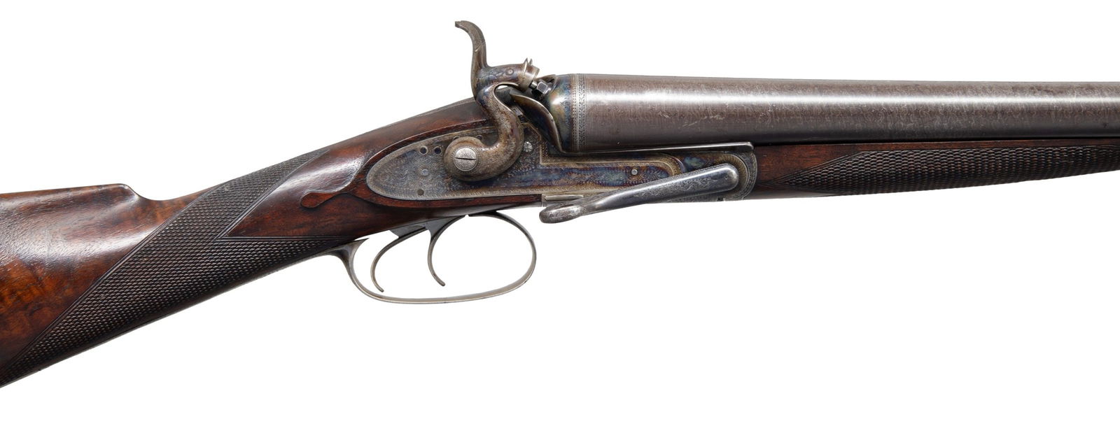 SUPERB J.D. DOUGALL "PATENT LOCKFAST" DOUBLE: HAMMER SHOTGUN WITH CASE. Cal. 12 Ga. 2-1/2". S# 3466 (1876). James Dalziel Dougall invented this incredibly strong action in 1860 and used it in building pinfire guns. Later, both rifles and guns