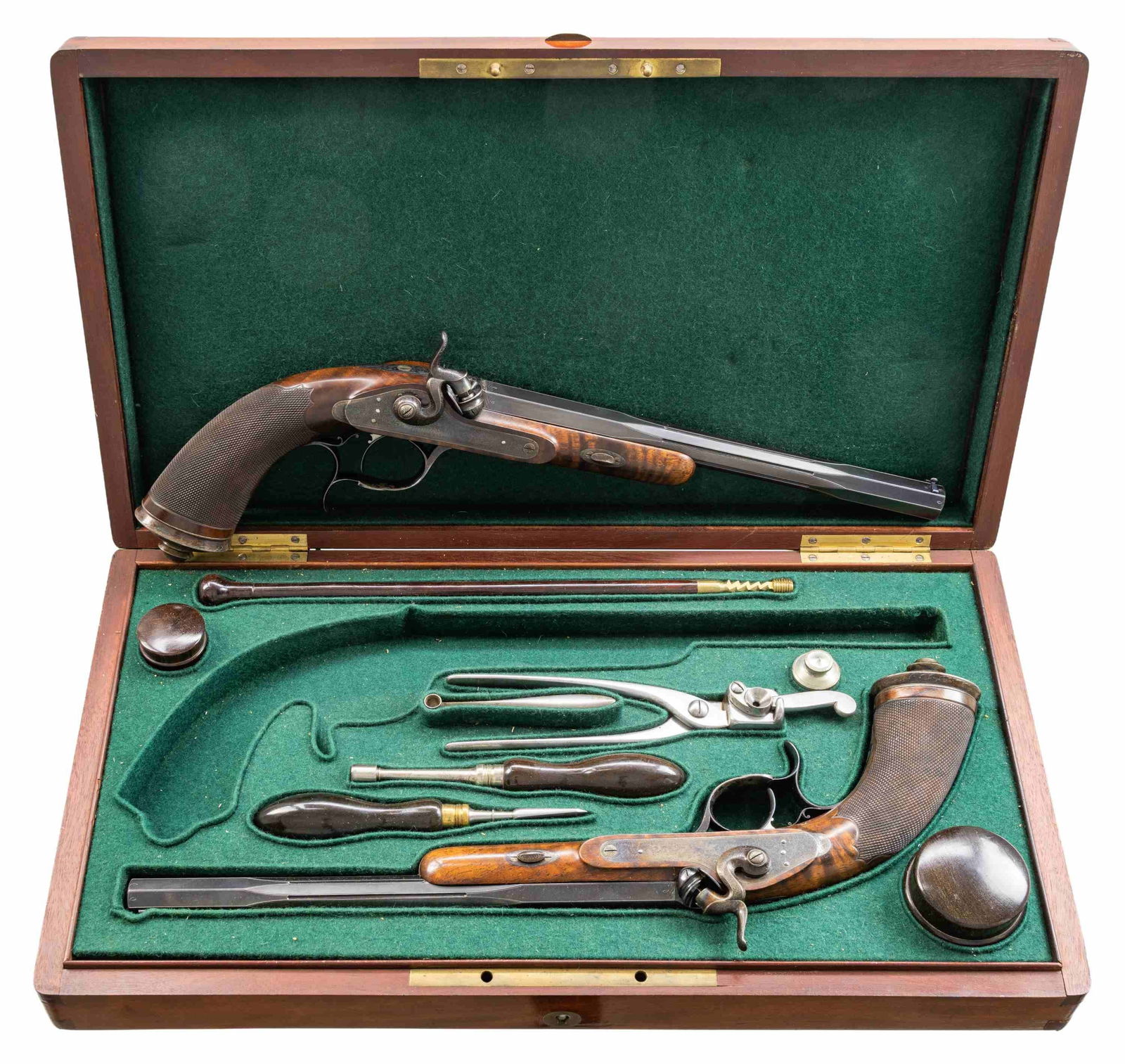 FINE PR GASTINNE RENETTE PERCUSSION BREECHLOADING: TARGET PISTOLS WITH CASE & ACCESSORIES. Cal. 45 (Both). S# 3568 & 3569 (On bottoms of barrels; can be seen through bottom of stock with barrels in forward position). These finely made pistols have 10"