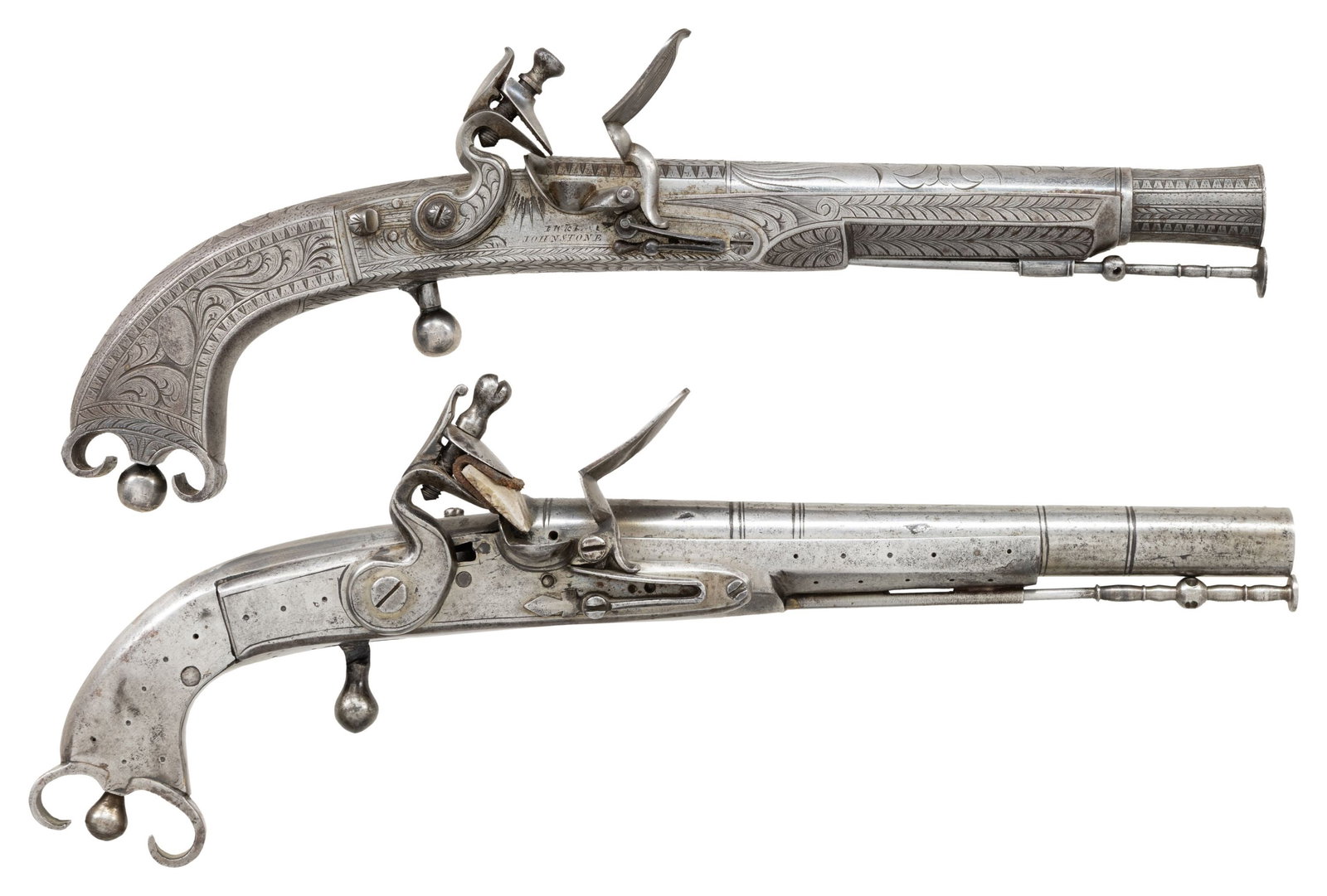 2 SCOTTISH ALL METAL PISTOLS: 1 SCOTTISH REVIVAL,: 1 EARLY. Cal. 55 (both). S# NSN (both). 1) Scottish revival all metal pistol with rams horn butt by I.W. & I. Johnstone (military accoutrement dealer ca 1840-80) measures 12" overall; 7-1/2" barrel