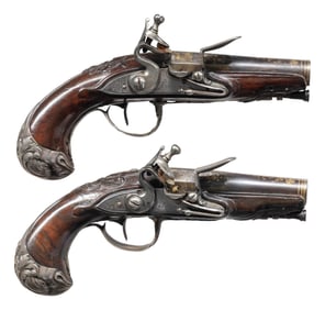 BEAUTIFUL PAIR OF SILVER MOUNTED POCKET PISTOLS BY
