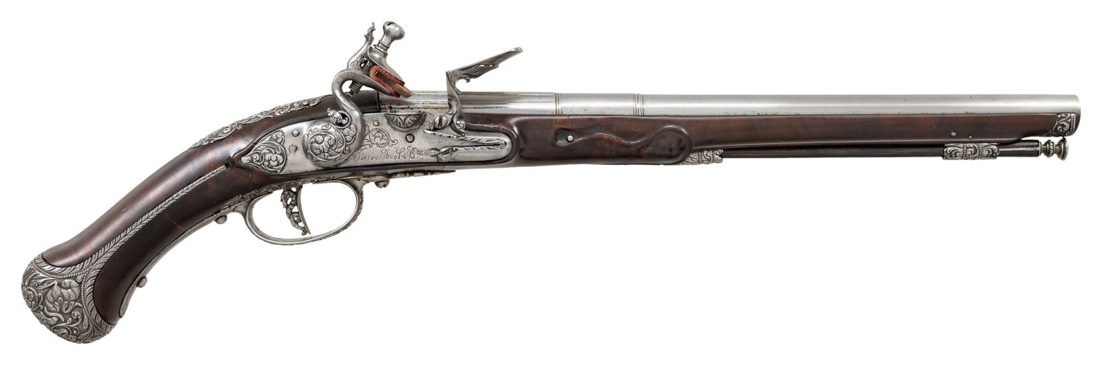 FINELY DECORATED EARLY 18TH CENTURY FLINTLOCK: PISTOL BY PIETRO PICOLA OF BRESCIA WITH LAZARINO COMINAZZO BARREL. Cal. 54. S# NSN. Heer lists a Pietro Picola working in Brescia around 1780. This pistol is obviously earlier, probably 1710-20. It