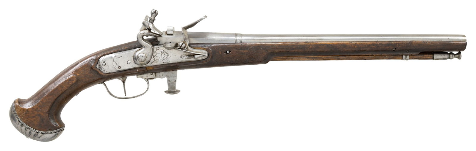 COOL EARLY BREECH LOADING FLINTLOCK HOLSTER PISTOL: BY VORRA OF BRESCIA (?). Cal. 45. S# NSN. The 13-3/4" octagon to round barrel is fitted with innovative vertically sliding breech block actuated by pivoting lever with mushroom shaped head hinged on