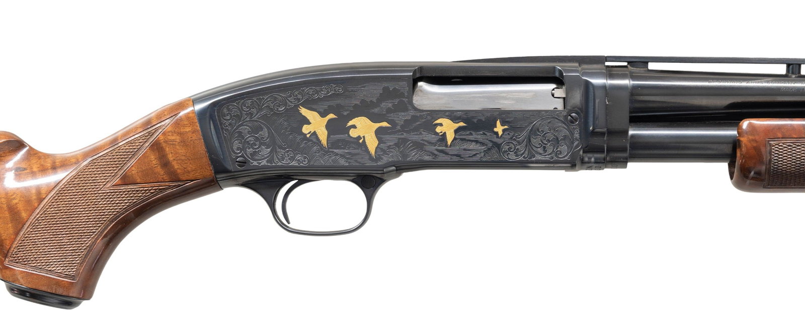 EXCEPTIONAL BROWNING MODEL 42 GRADE V PUMP ACTION: SHOTGUN. Cal. 410 GA, 2 1/2" & 3". S# 03537NZ982. Bbl. 26". Model 42 Grade V pump action shotgun mfg. in Japan and imported/retailed by Browning Arms Company. Left side of the bbl. is marked with the