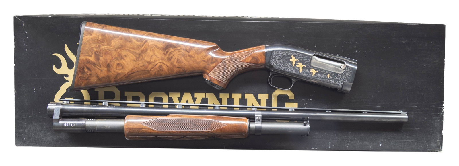 EXCEPTIONAL, NEAR NEW, BROWNING MODEL 12 GRADE V: PUMP ACTION SHOTGUN WITH MATCHING FACTORY BOX. Cal. 20 GA, 2 3/4". S# 00519PN932. Bbl. 25 7/8". Model 12 Grade V pump action shotgun mfg. in Japan and imported/retailed by Browning Arms Company. Left