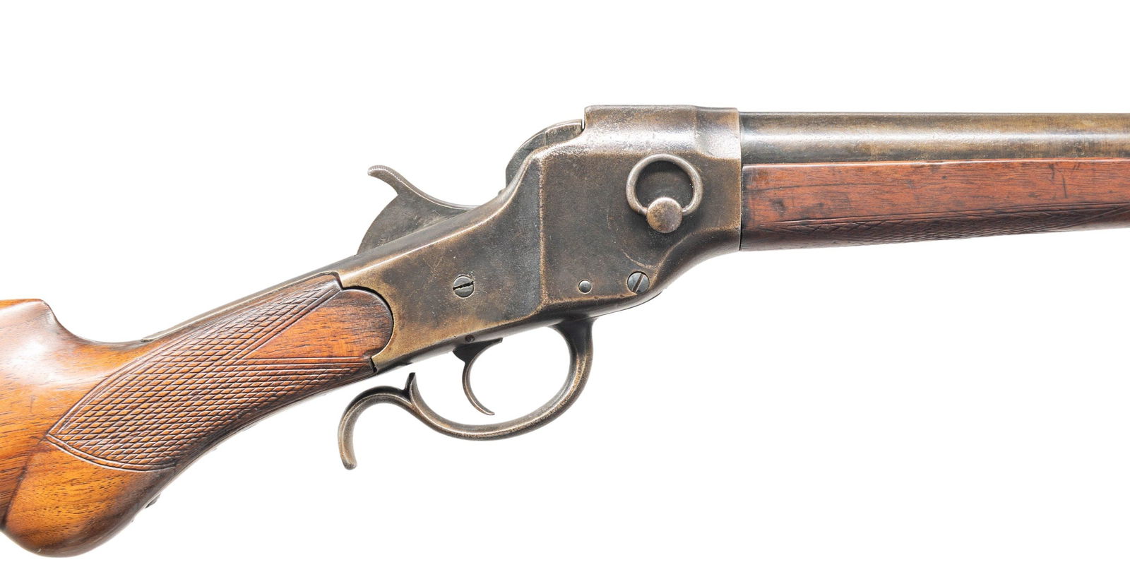 HOPKINS & ALLEN FALLING BLOCK SHOTGUN.: Cal. 12 Ga. S# 3108 (Under forend). Bbl. 30 1/4". Bead front sight. Grooved rear sight. Checkered hardwood pistol grip stock & forend. CONDITION: refinished stock set has a poor metal fit with a few s