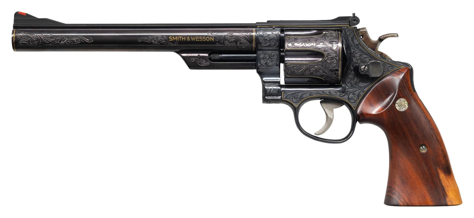 FANCIFUL SMITH & WESSON 29-2 DA REVOLVER SIGNED,: ENGRAVED & GOLD INLAID BY LEGENDARY FN ENGRAVER ANGELO BEE. Cal. 44 MAG. S# N643997. Bbl. 8 3/8" pinned & recessed. Mfg. 1979 and subsequently custom upgraded. Red ramp front sight & fully adjustable