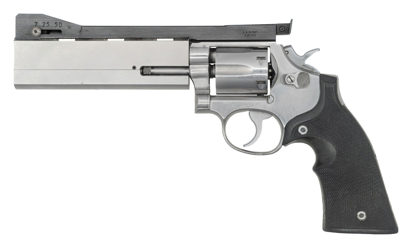 CUSTOM TARGET SMITH & WESSON 67-1 DA REVOLVER.: Cal. 38 Spcl. S# 81K6242. Bbl. 6". Aristocrat sight rib with adjustable rear. 67-1 revolver modified for Practical Police Competition. Two-piece heavy weight bbl. 6-shot cyl. Stainless finish. Action