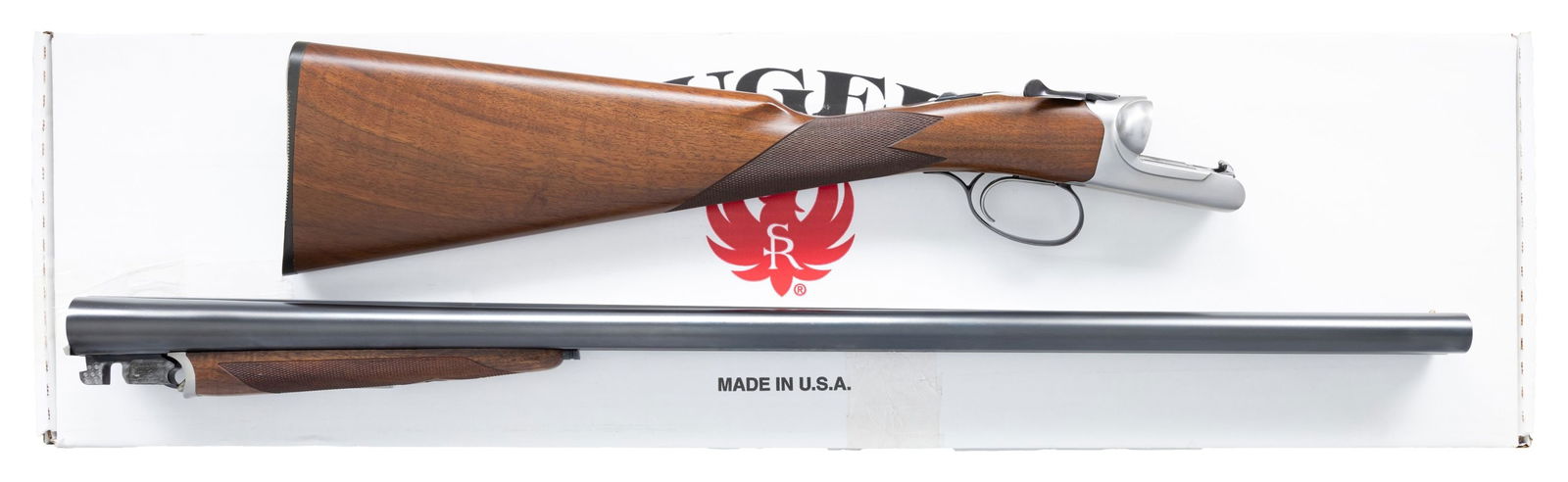 BOXED RUGER GOLD LABEL SXS SHOTGUN.: Cal. 12 ga. 3". S#. 460-00679. Bbl. 28" with interchangeable chokes, full set of 5 tubes included. Round body stainless steel top lever action. Top tang safety/ single selective trigger selector. Spli
