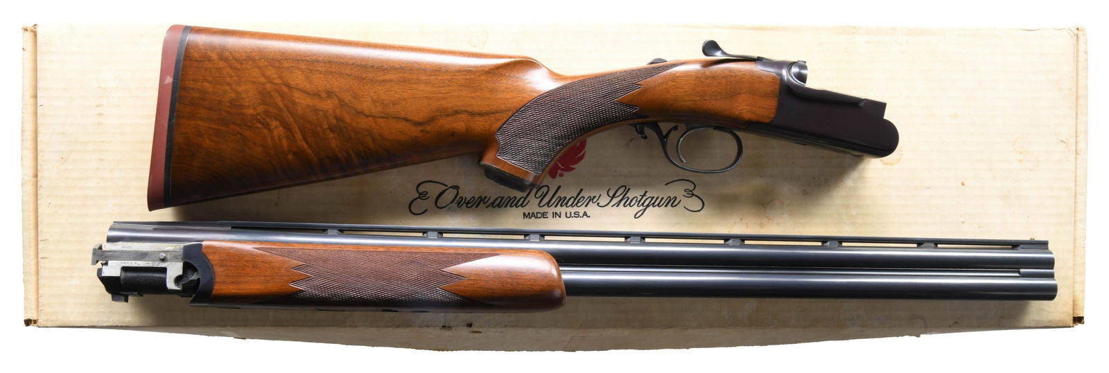 SCARCE, BLUED, 20 GAUGE RUGER RED LABEL O/U: SHOTGUN WITH MATCHING FACTORY BOX. Cal. 20 Ga., 3". S# 400-10653. Mfg. 1980 as Catalog # RL201; earlier designation for the RL-2006 in S# range 400-0031 to 400-39832 having a 5 year production run. Th