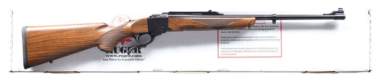 NEAR NEW, 222 REM. RUGER NO. 1-A LIGHT SPORTER: SINGLE SHOT RIFLE WITH MATCHING FACTORY BOX. Cal. 222 Rem. S# 134-37961. Mfg. 2013 as Model 11377. Lightweight 22" barrel w/ sling stud on barrel band. Band mounted gold bead front sight & folding adj