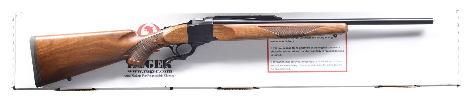 NEAR NEW, 338 FEDERAL RUGER NO. 1-AB SINGLE SHOT: RIFLE WITH MATCHING FACTORY BOX. Cal. 338 Federal. S# 134-46701. Shipped 2016 as Model 11326. Lightweight 26" barrel with quarter rib. Checkered walnut stock set w/ sling studs. Beavertail forearm.