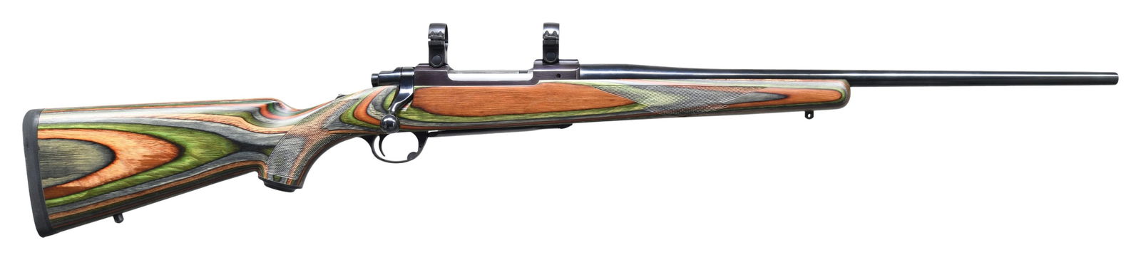 RUGER MODEL 77R-Z CHECKERED LAMINATE BOLT ACTION: RIFLE. Cal. 270 Win. S#. 770-90458. Bbl. 22" sightless. Action features top tang safety & bases for Ruger rings. Brown, red & green laminated stock has capped pistol grip, black pad & swivel bases.