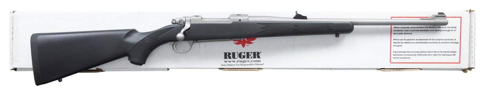 RUGER M77 HAWKEYE BOLT ACTION RIFLE.: Cal. 300 RCM. S# 710-45656. Bbl. 20". Ramped bead front sight. Adjustable u-notch Williams rear sight. Receiver is factory grooved for scope mounting. Ruger catalog # HKM77PRCM & model # 07191 made in