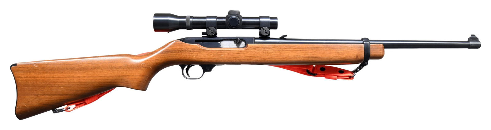 RUGER MODEL 44 SEMI-AUTO STANDARD CARBINE.: Cal. 44 Mag. S# 103-11706. Bbl. 18 1/2" w/ ramp mounted bead front sight & folding leaf rear sight. Weaver K1.5-1 gloss finished scope w/ duplex reticle on Weaver mounts. 4 rd tubular mag. Blue finish