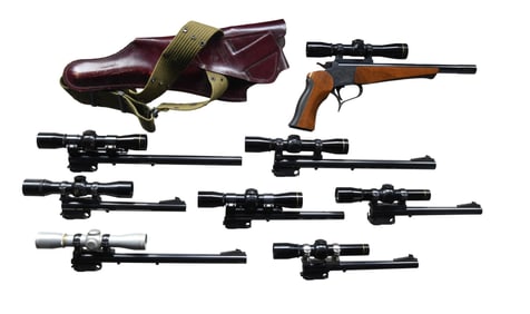 TC CONTENDER SINGLE SHOT PISTOL W/ 7 SPARE BBLS.