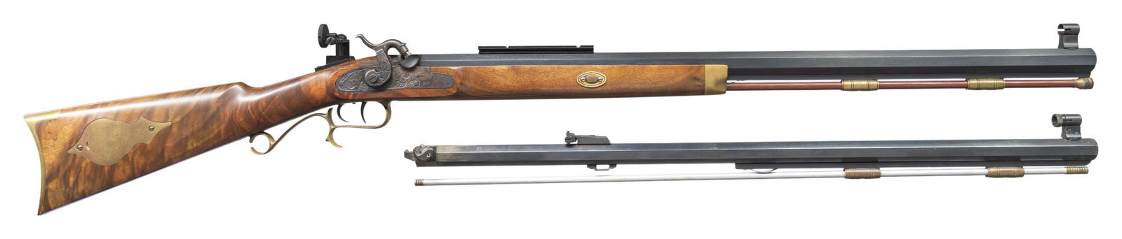 THOMPSON CENTER 25TH ANNIVERSARY HAWKEN: PERCUSSION RIFLE. Cal. 54. S# 504303. Bbl. 29" oct. No front sight present but hood is present. Tang mounted Lyman aperture rear sight. Bbl. has Weaver style scope rail. 25th Anniversary Hawken Percus