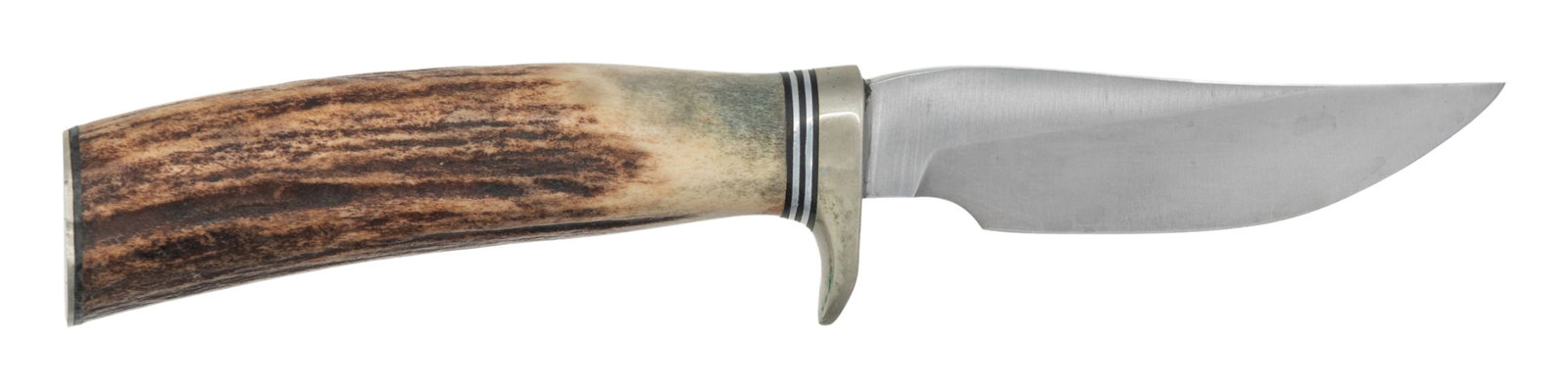 RANDALL MODEL 21 LITTLE GAME KNIFE.: 7 1/2" overall length with 3 1/2" blade marked "RANDALL MADE/ORLANDO, FL S". Silver plated hilt. Stag handles. No scabbard or stone present. CONDITION: handle shows some light handling wear. Silver