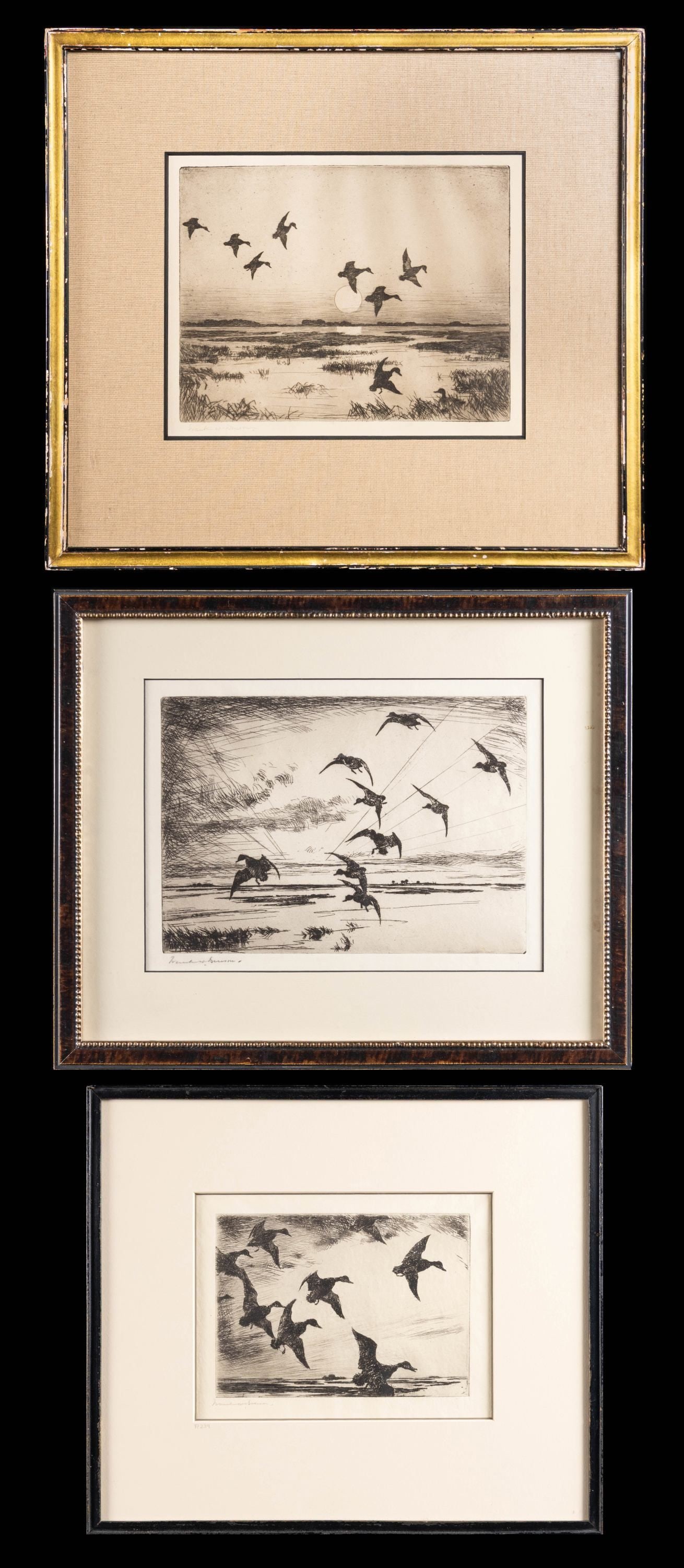 3 RARE AND DESIRABLE FRANK W. BENSON SIGNED ARTIST: PROOF ETCHINGS. (Salem, Mass 1862-1951). 1) Untitled depicting black ducks (?) settling into open marsh with full moon rising in background. Signed Frank W. Benson in pencil on lower left. SIZE: